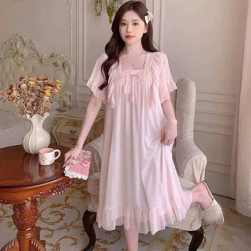 French Court Mesh Short Sleeve Nightdress with Built-in Bra