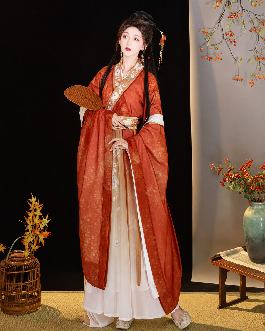 【Qingwuyi】Women’s Wei-Jin Style Hanfu Set with Cross Collar, Wide Sleeves and Printed Skirt