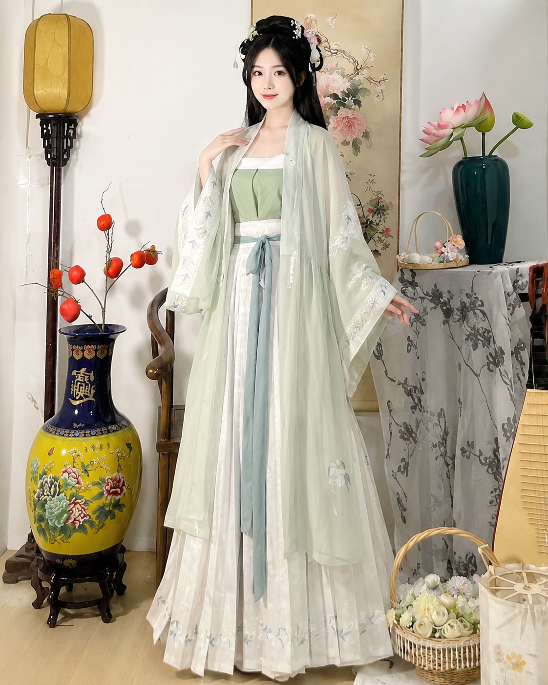 【Moli】Women’s Song Style Embroidered Hanfu Set with Waist-Length Pleated Skirt
