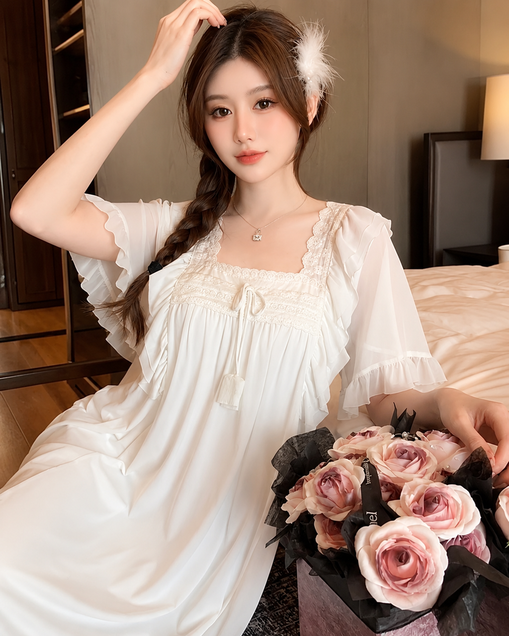 French Court Mesh Short Sleeve Nightdress with Built-in Bra