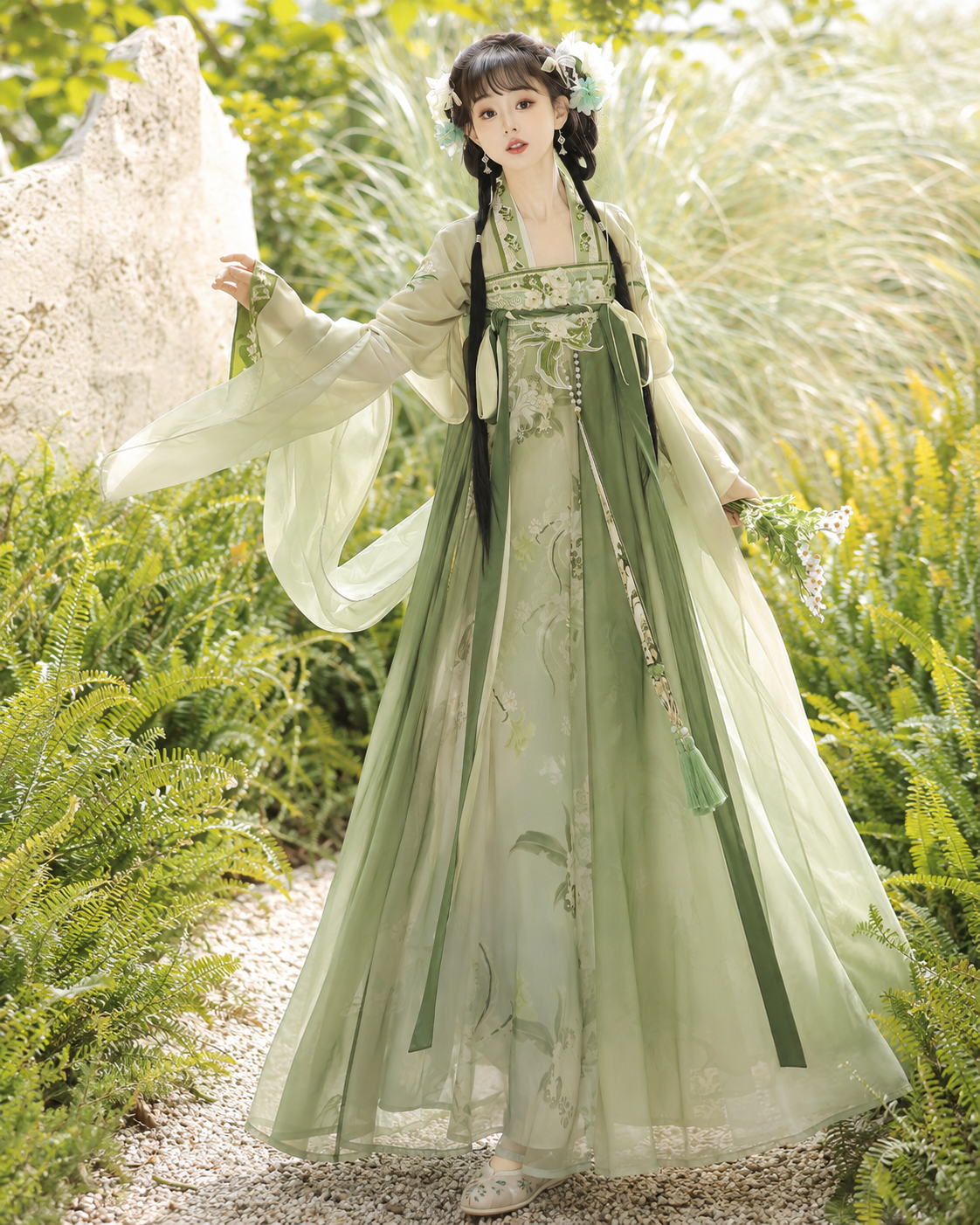 【Verdant Spring】Women’s Tang-Style Qixiong Ruqun Hanfu Set with Embroidered Floral Design