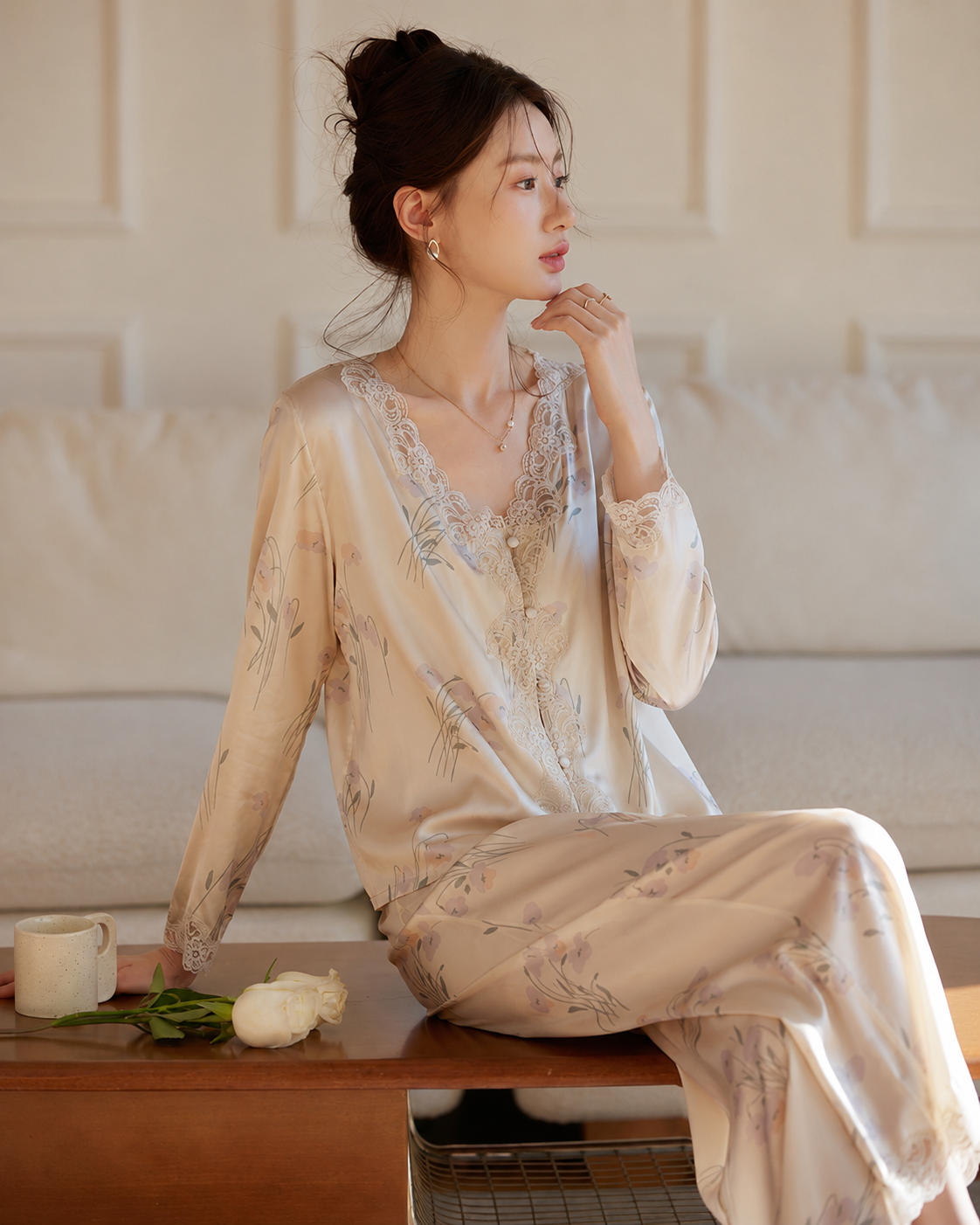 Summer Ice Silk Satin Sexy Lace Pajama Set Women New Chinese Style