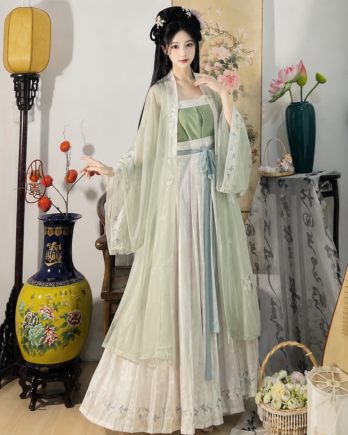 【Moli】Women’s Song Style Embroidered Hanfu Set with Waist-Length Pleated Skirt