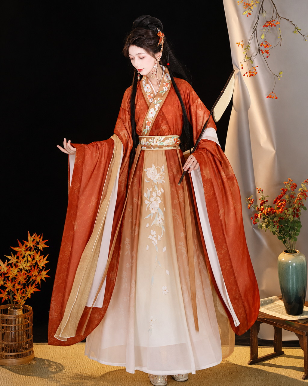【Qingwuyi】Women’s Wei-Jin Style Hanfu Set with Cross Collar, Wide Sleeves and Printed Skirt
