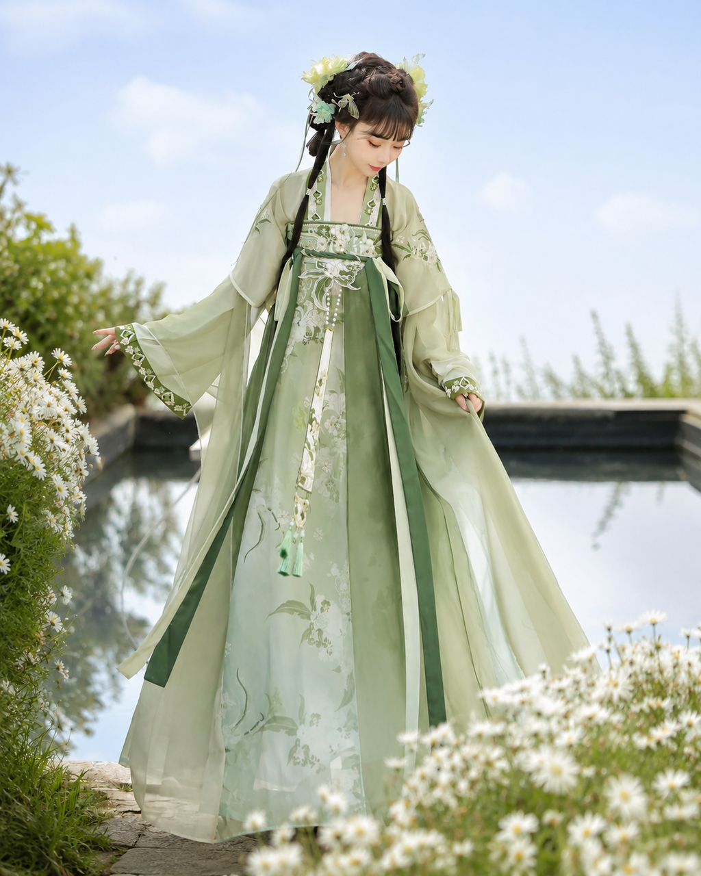 【Verdant Spring】Women’s Tang-Style Qixiong Ruqun Hanfu Set with Embroidered Floral Design