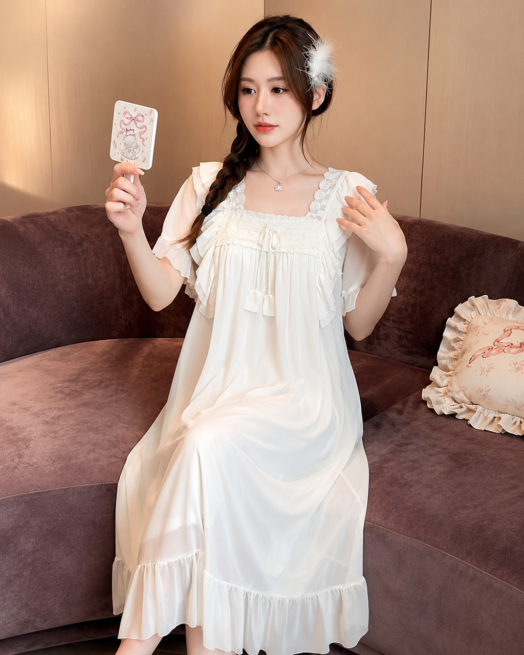 French Palace-Inspired Short Sleeve Mesh Nightdress with Built-in Bra Pads