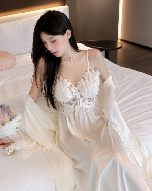French Luxury Sexy Lace Ice Silk Spaghetti Strap Long Nightdress Robe Set with Built-in Bra Pads - Women's Spring Autumn 2026 New Sleepwear