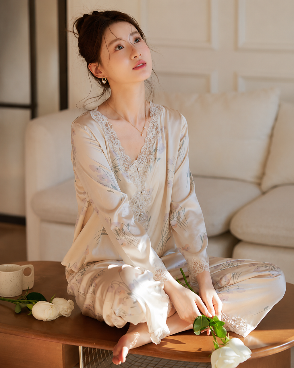Summer Ice Silk Satin Sexy Lace Pajama Set Women New Chinese Style