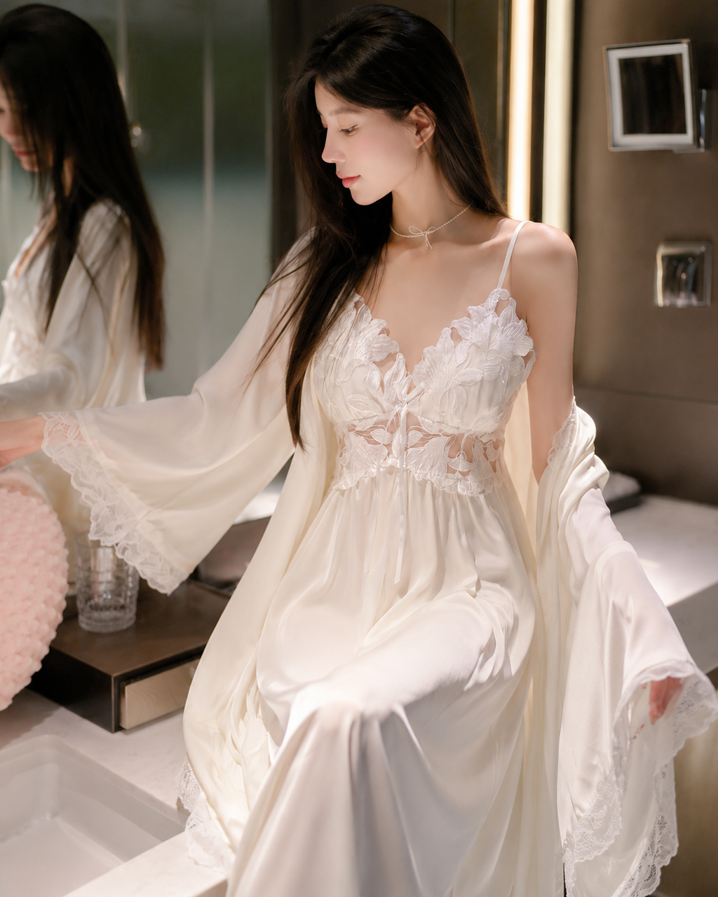French Luxury Sexy Lace Ice Silk Spaghetti Strap Long Nightdress Robe Set with Built-in Bra Pads - Women's Spring Autumn 2026 New Sleepwear
