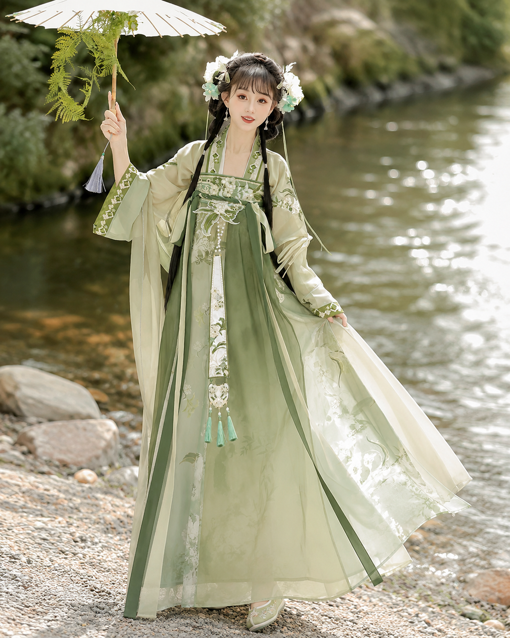 【Verdant Spring】Women’s Tang-Style Qixiong Ruqun Hanfu Set with Embroidered Floral Design
