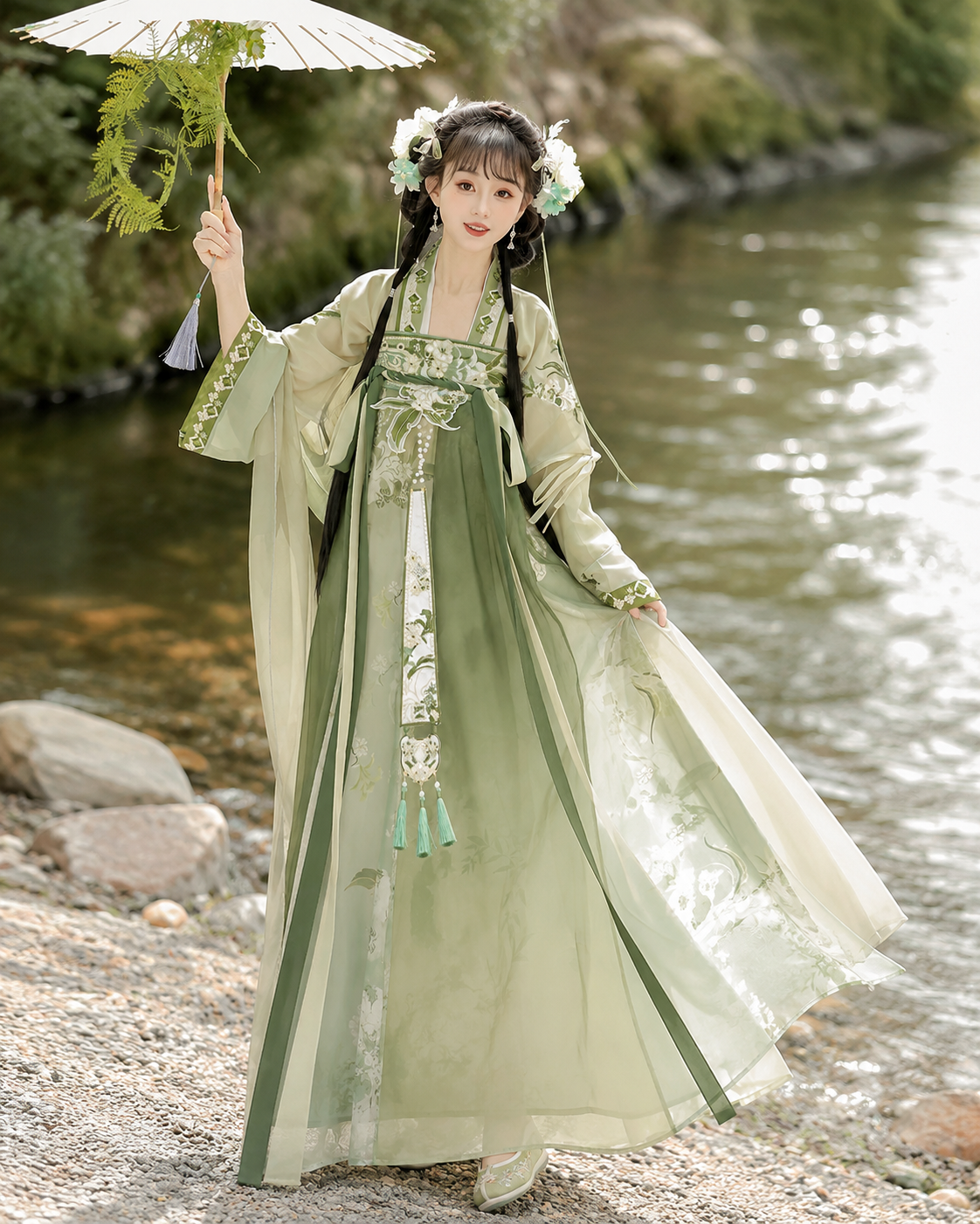 【Verdant Spring】Women’s Tang-Style Qixiong Ruqun Hanfu Set with Embroidered Floral Design