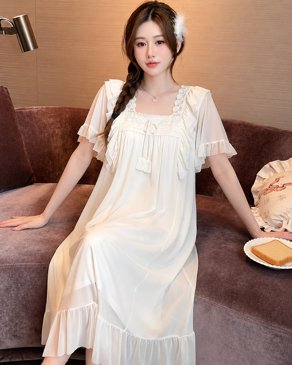 French Palace-Inspired Short Sleeve Mesh Nightdress with Built-in Bra Pads