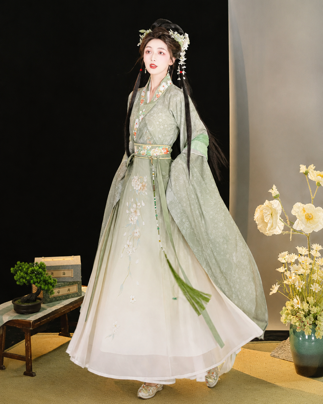 【Qingwuyi】Women’s Wei-Jin Style Hanfu Set with Cross Collar, Wide Sleeves and Printed Skirt