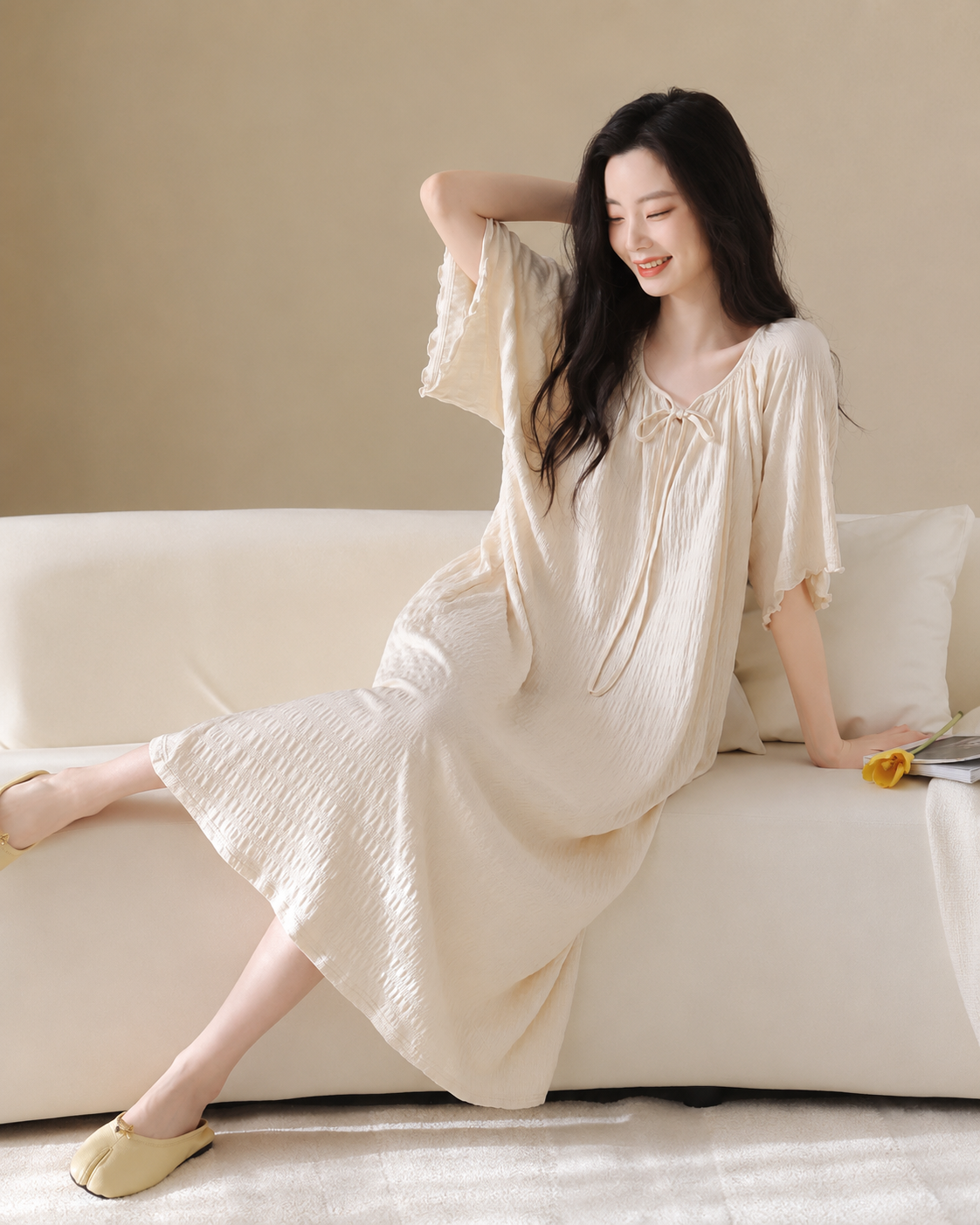Textured Short Sleeve Nightdress with Built-in Bra