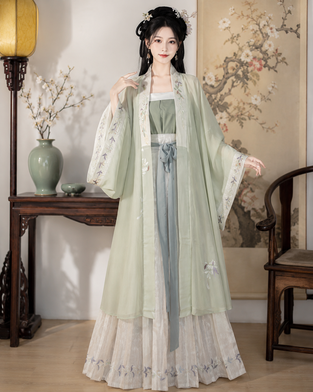 【Moli】Women’s Song Style Embroidered Hanfu Set with Waist-Length Pleated Skirt