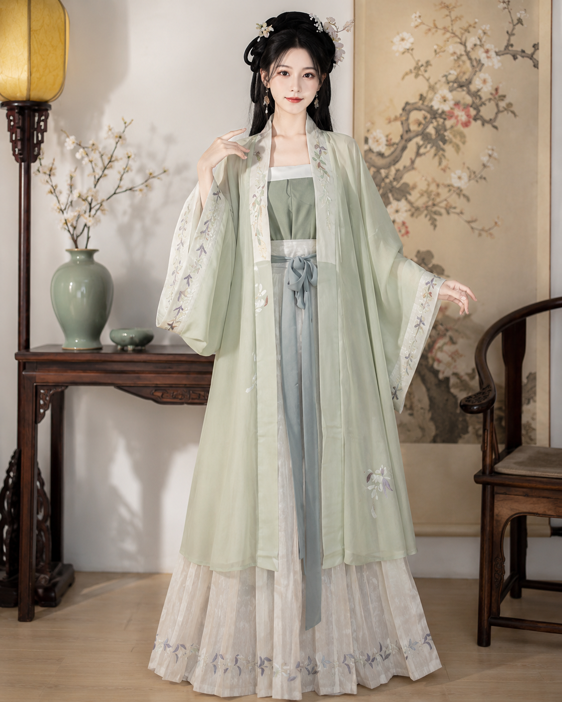 【Moli】Women’s Song Style Embroidered Hanfu Set with Waist-Length Pleated Skirt