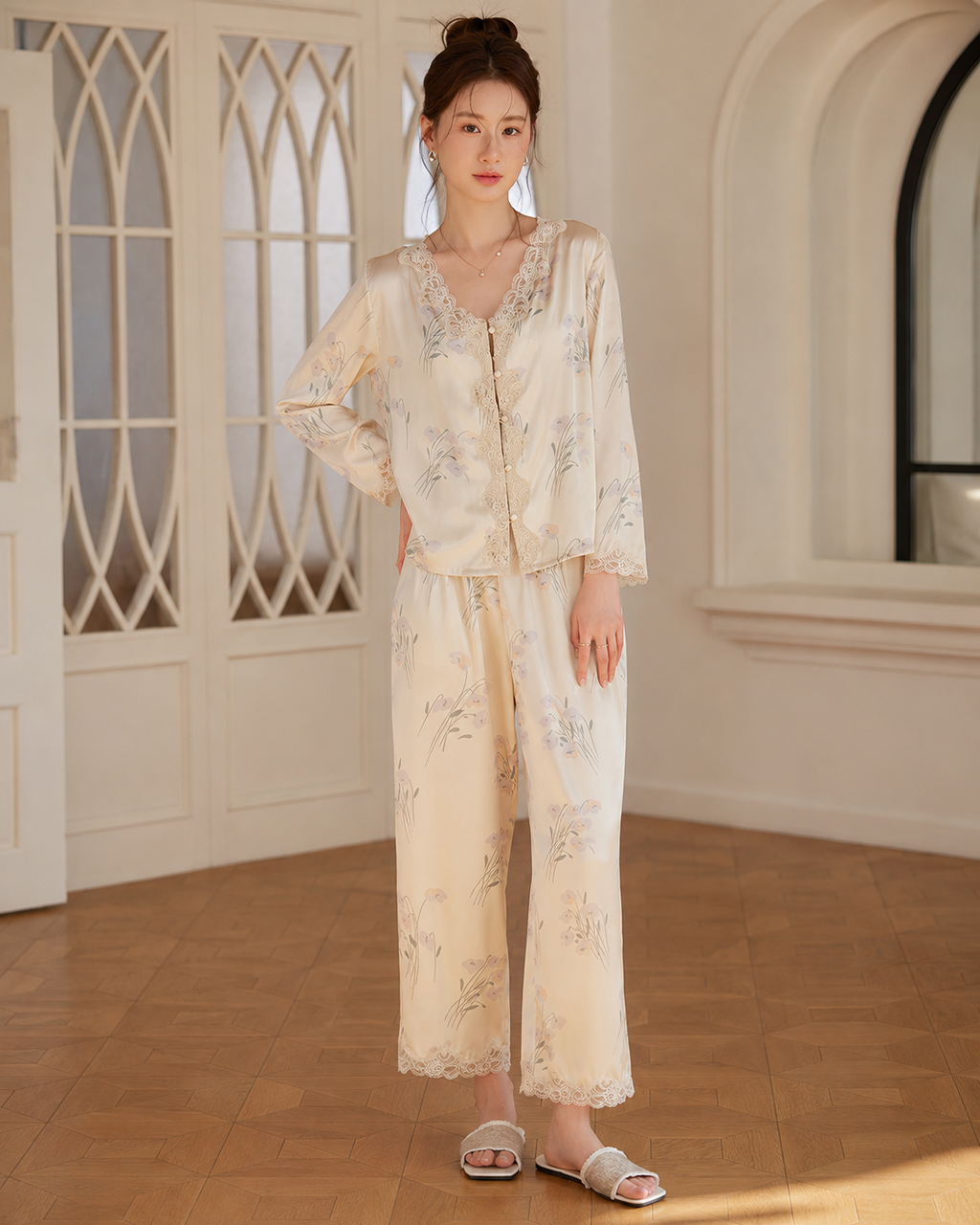 Summer Ice Silk Satin Sexy Lace Pajama Set Women New Chinese Style