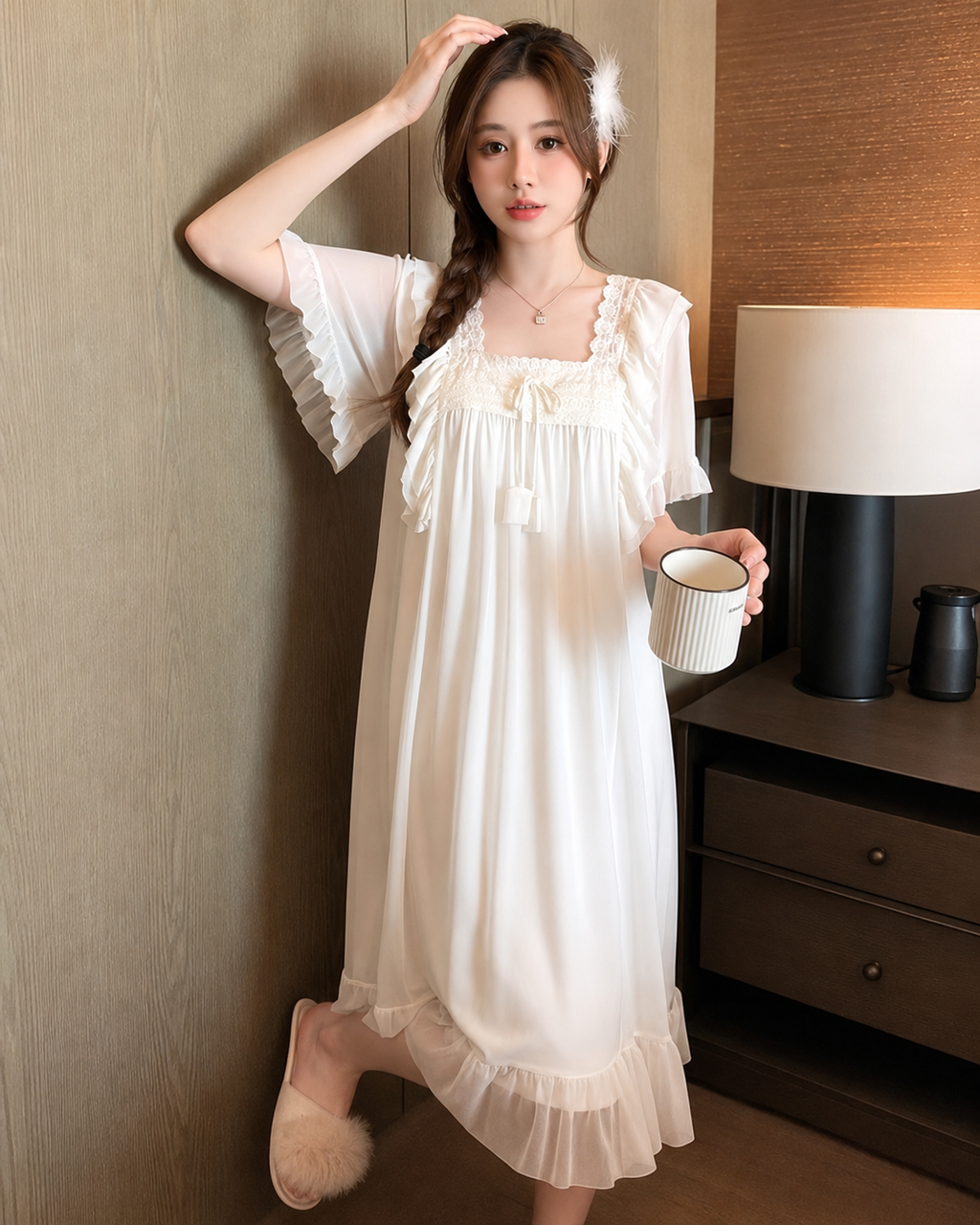 French Court Mesh Short Sleeve Nightdress with Built-in Bra