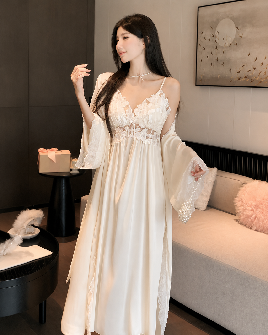 French Luxury Sexy Lace Ice Silk Spaghetti Strap Long Nightdress Robe Set with Built-in Bra Pads - Women's Spring Autumn 2026 New Sleepwear