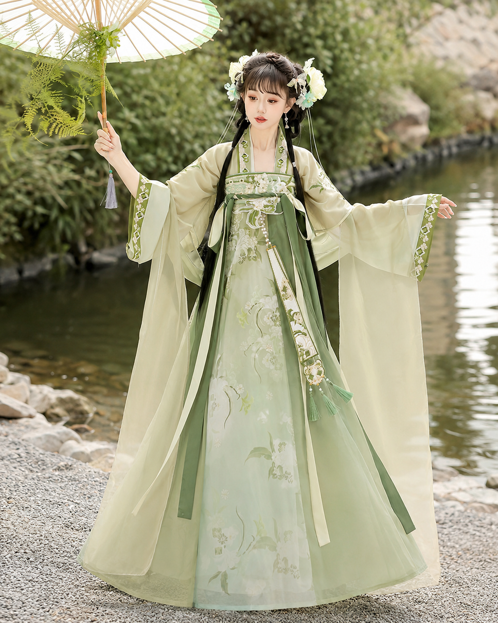 【Verdant Spring】Women’s Tang-Style Qixiong Ruqun Hanfu Set with Embroidered Floral Design