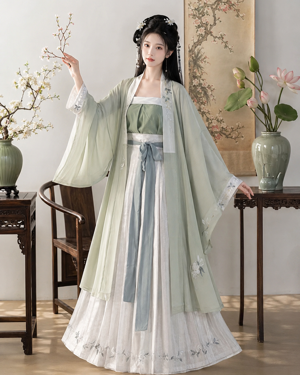 【Moli】Women’s Song Style Embroidered Hanfu Set with Waist-Length Pleated Skirt