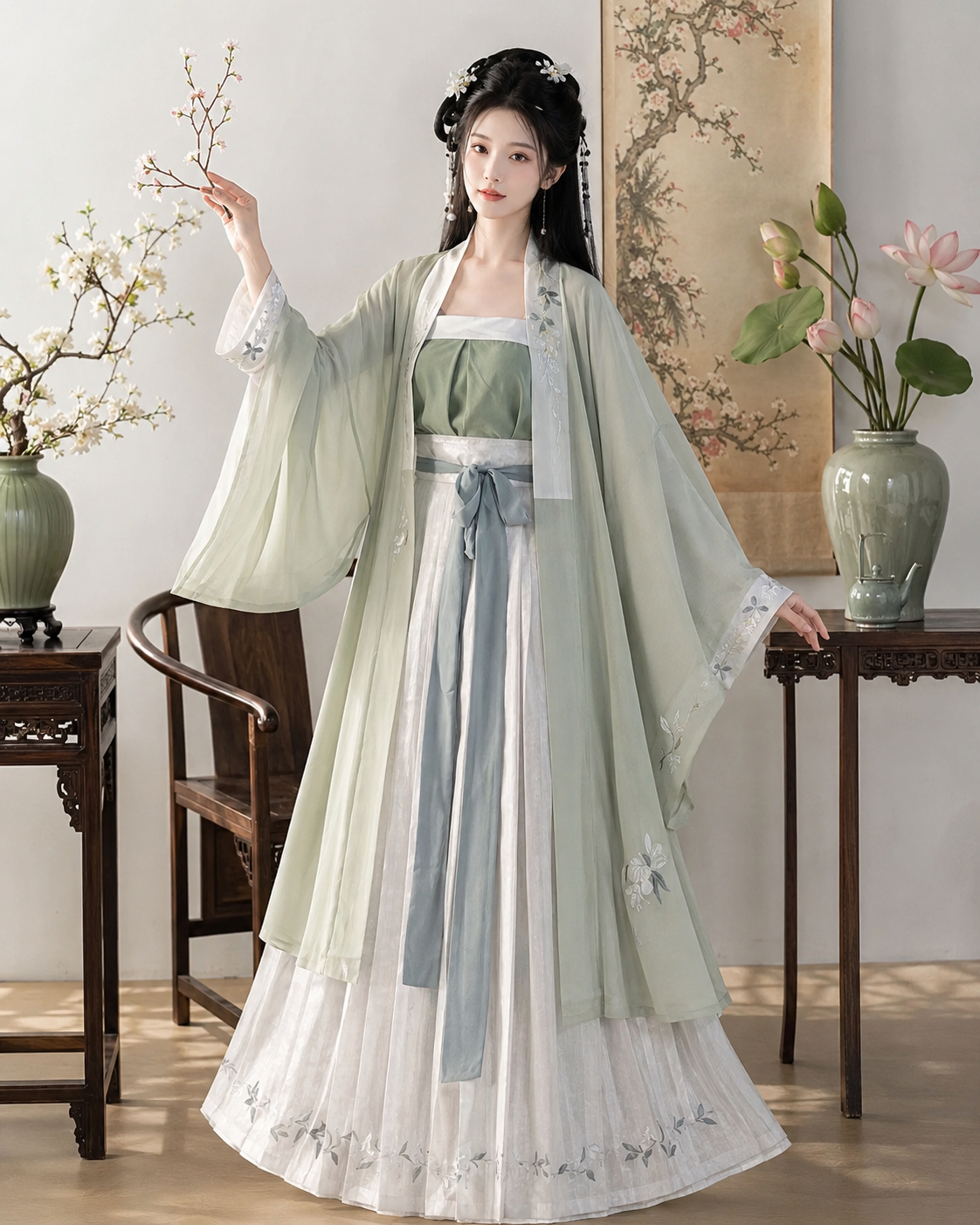【Moli】Women’s Song Style Embroidered Hanfu Set with Waist-Length Pleated Skirt