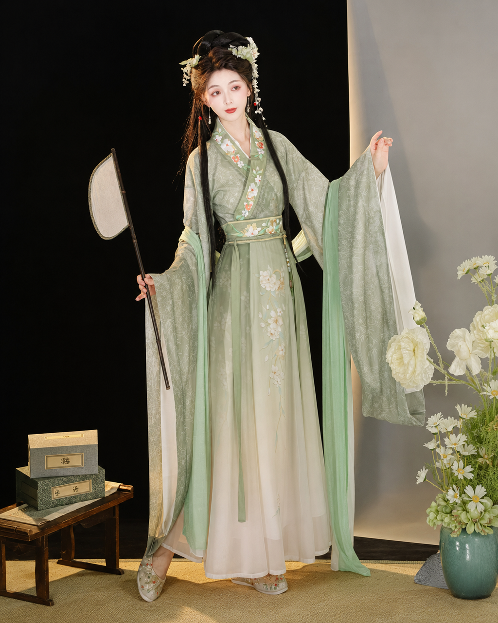 【Qingwuyi】Women’s Wei-Jin Style Hanfu Set with Cross Collar, Wide Sleeves and Printed Skirt