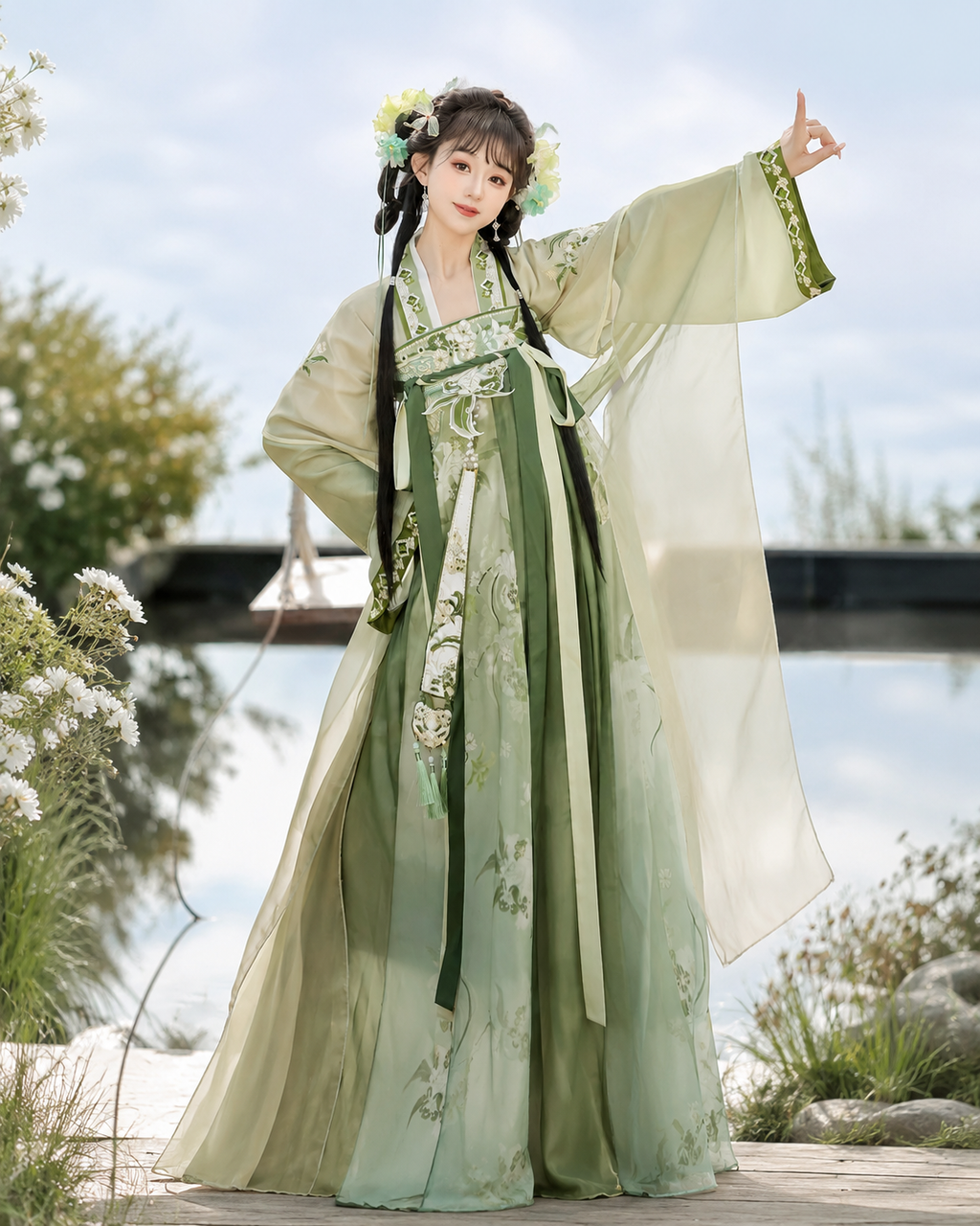 【Verdant Spring】Women’s Tang-Style Qixiong Ruqun Hanfu Set with Embroidered Floral Design
