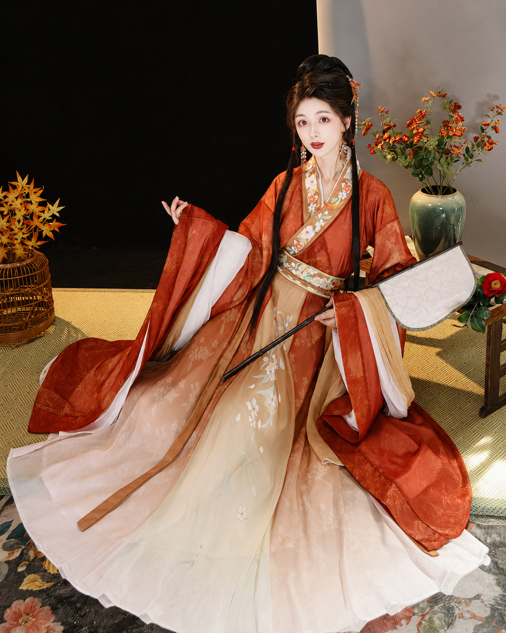 【Qingwuyi】Women’s Wei-Jin Style Hanfu Set with Cross Collar, Wide Sleeves and Printed Skirt