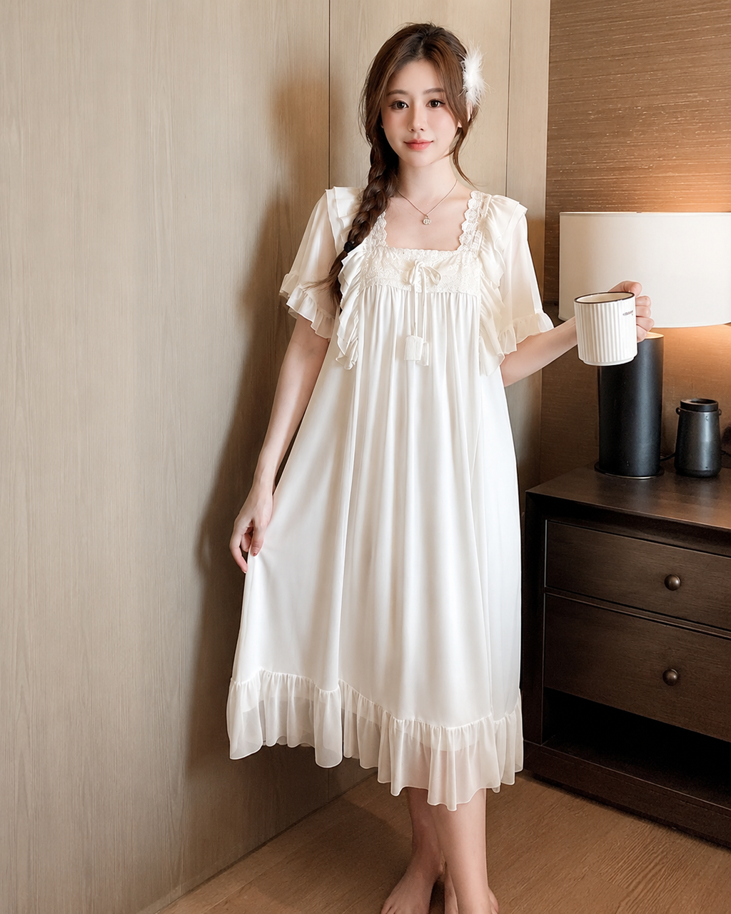 French Palace-Inspired Short Sleeve Mesh Nightdress with Built-in Bra Pads