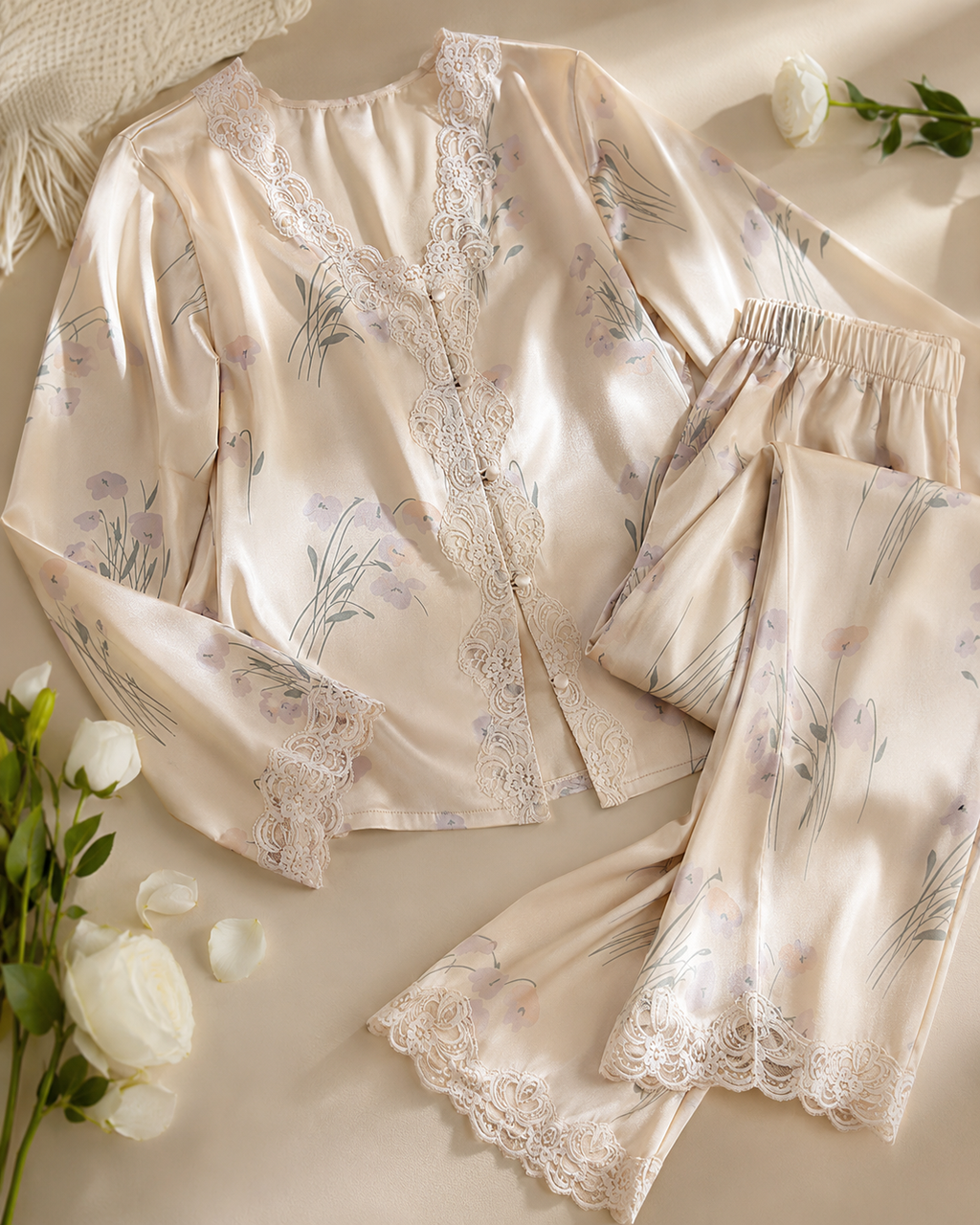 Summer Ice Silk Satin Sexy Lace Pajama Set Women New Chinese Style