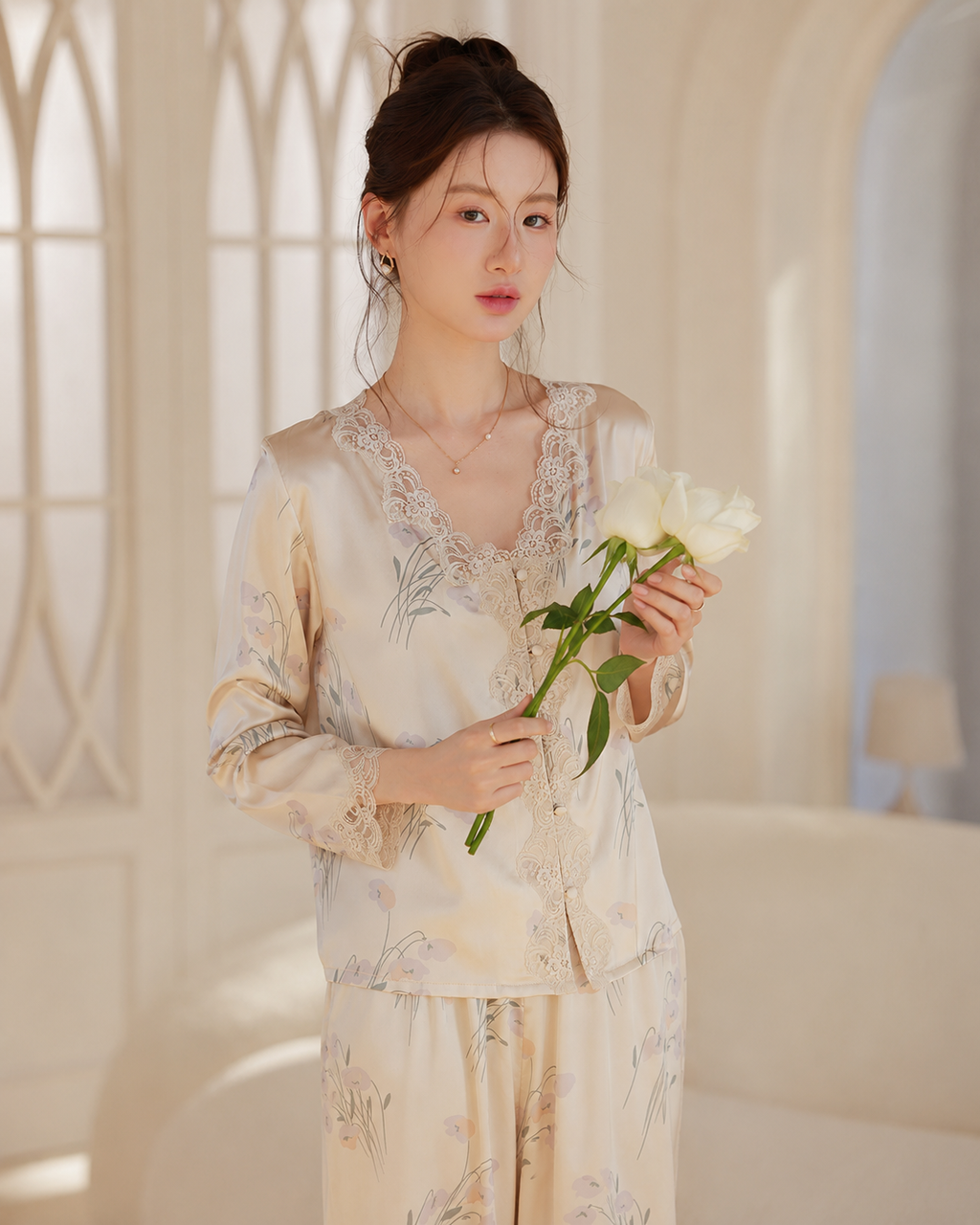 Summer Ice Silk Satin Sexy Lace Pajama Set Women New Chinese Style