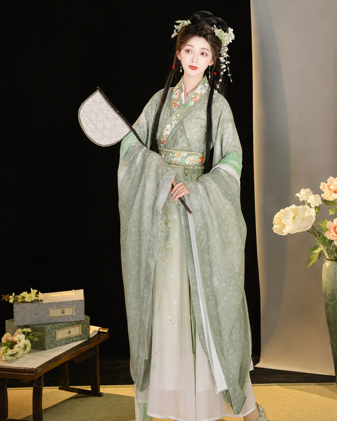 【Qingwuyi】Women’s Wei-Jin Style Hanfu Set with Cross Collar, Wide Sleeves and Printed Skirt