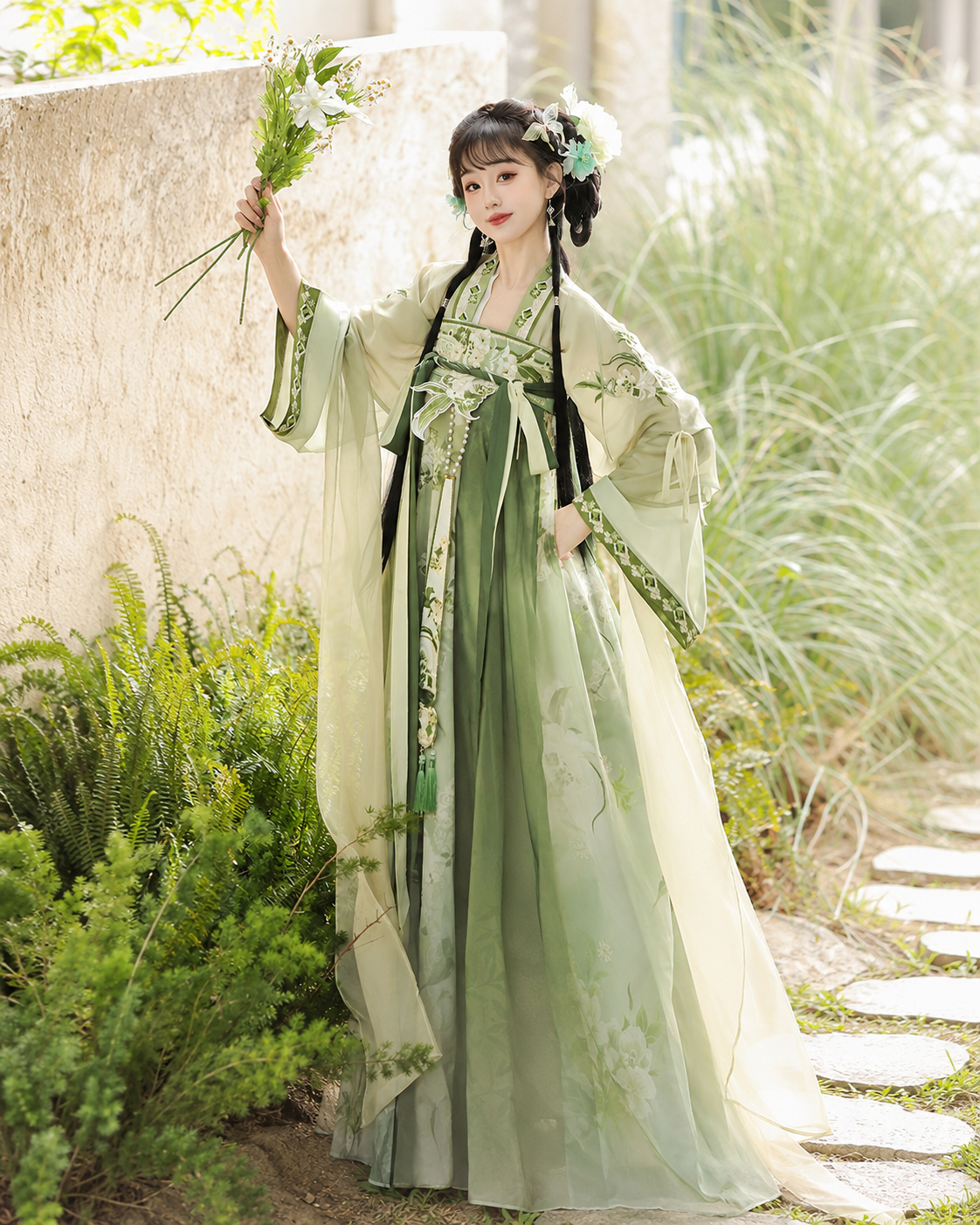【Verdant Spring】Women’s Tang-Style Qixiong Ruqun Hanfu Set with Embroidered Floral Design