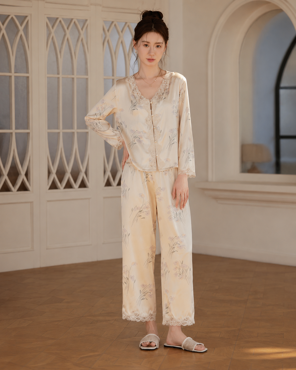 Summer Ice Silk Satin Sexy Lace Pajama Set Women New Chinese Style