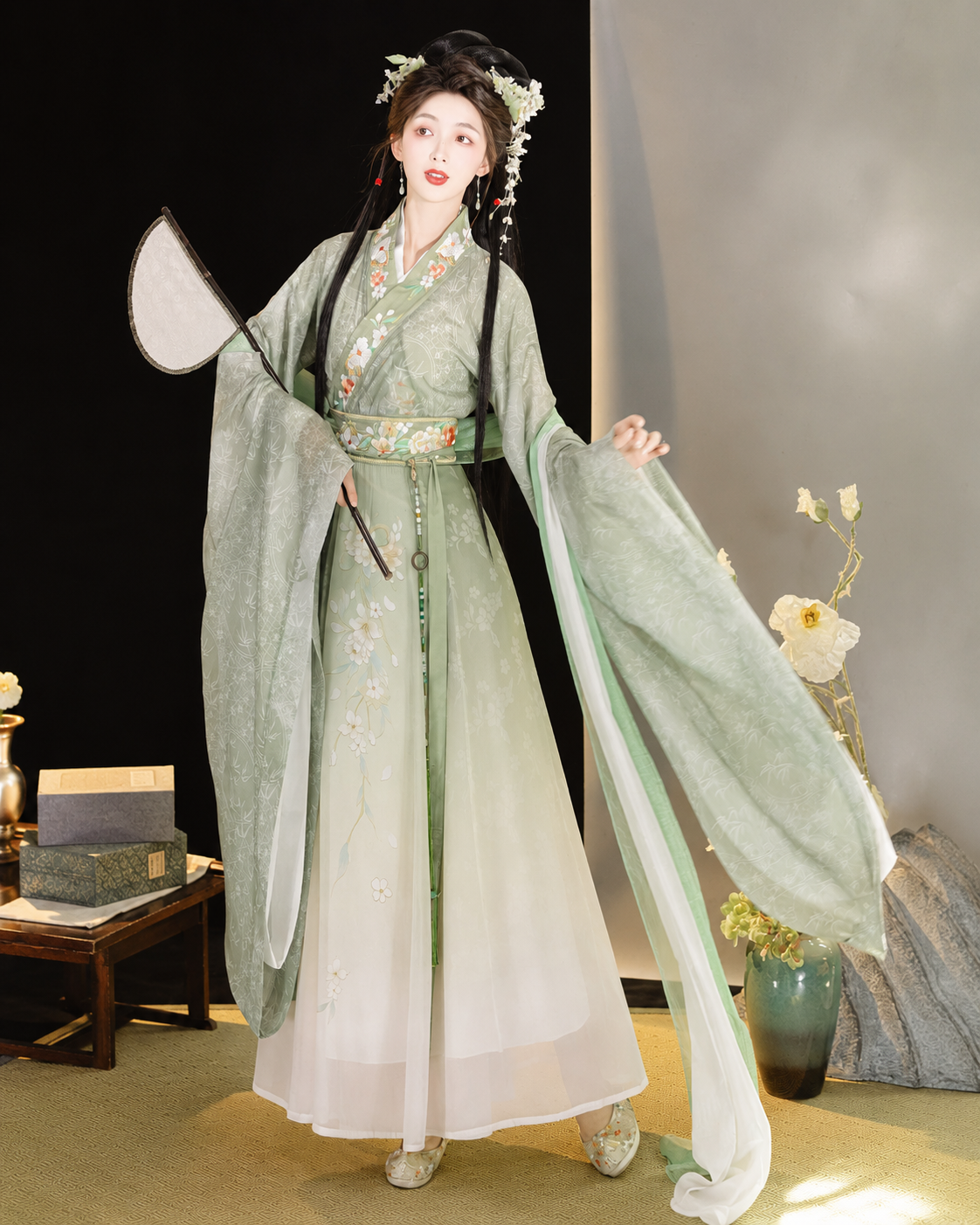 【Qingwuyi】Women’s Wei-Jin Style Hanfu Set with Cross Collar, Wide Sleeves and Printed Skirt