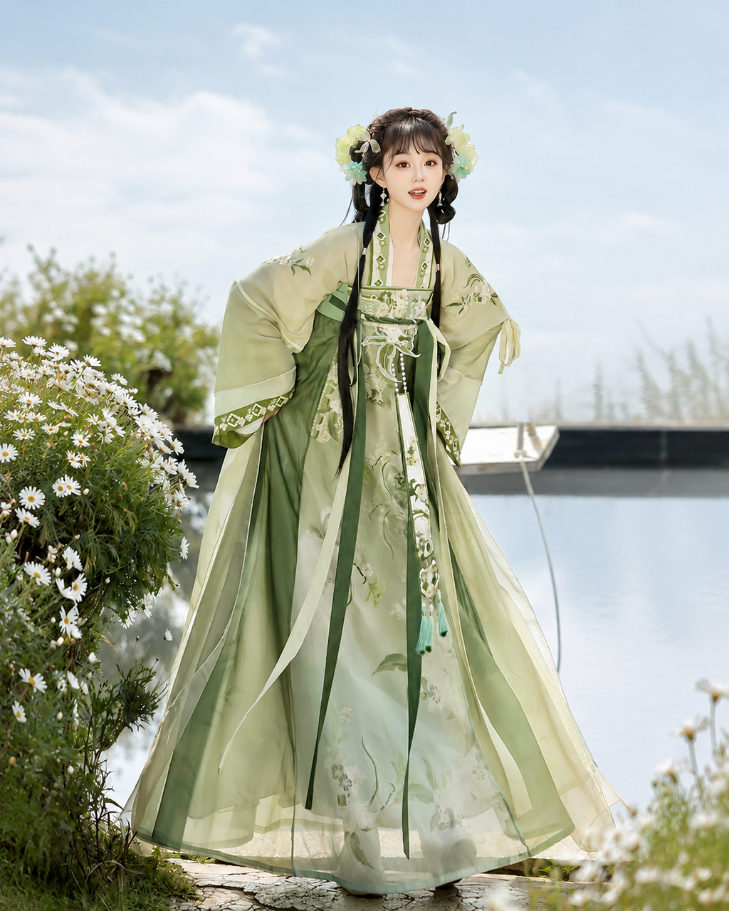 【Verdant Spring】Women’s Tang-Style Qixiong Ruqun Hanfu Set with Embroidered Floral Design