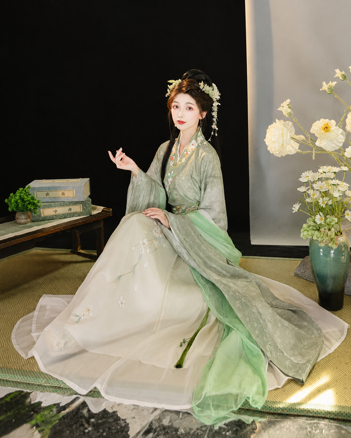 【Qingwuyi】Women’s Wei-Jin Style Hanfu Set with Cross Collar, Wide Sleeves and Printed Skirt