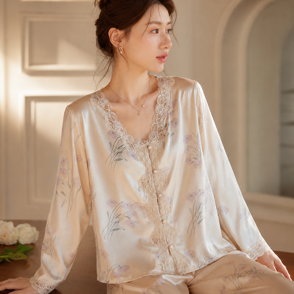 Summer Ice Silk Satin Sexy Lace Pajama Set Women New Chinese Style