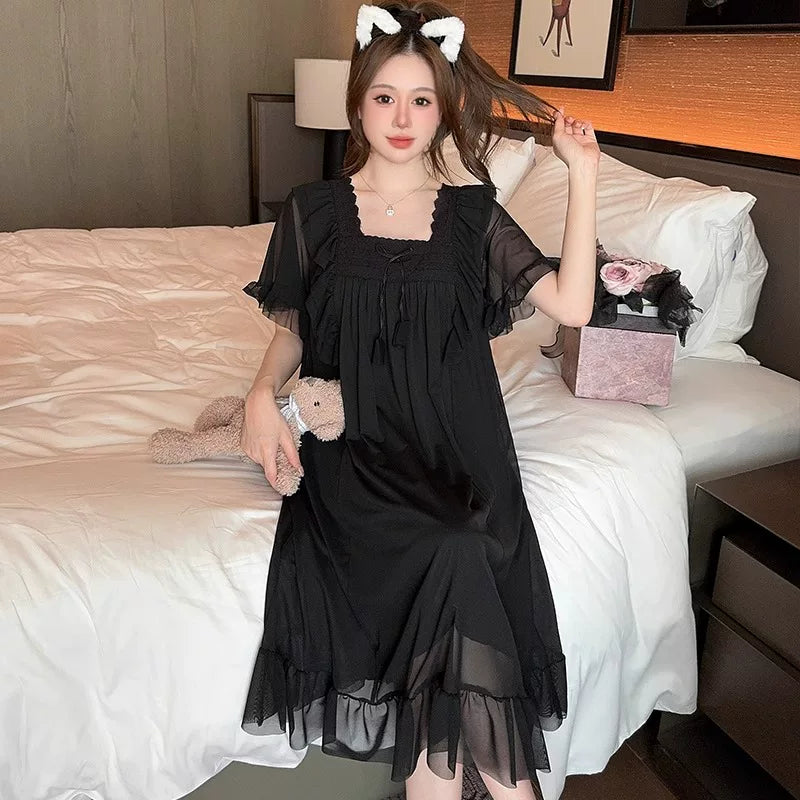 French Court Mesh Short Sleeve Nightdress with Built-in Bra